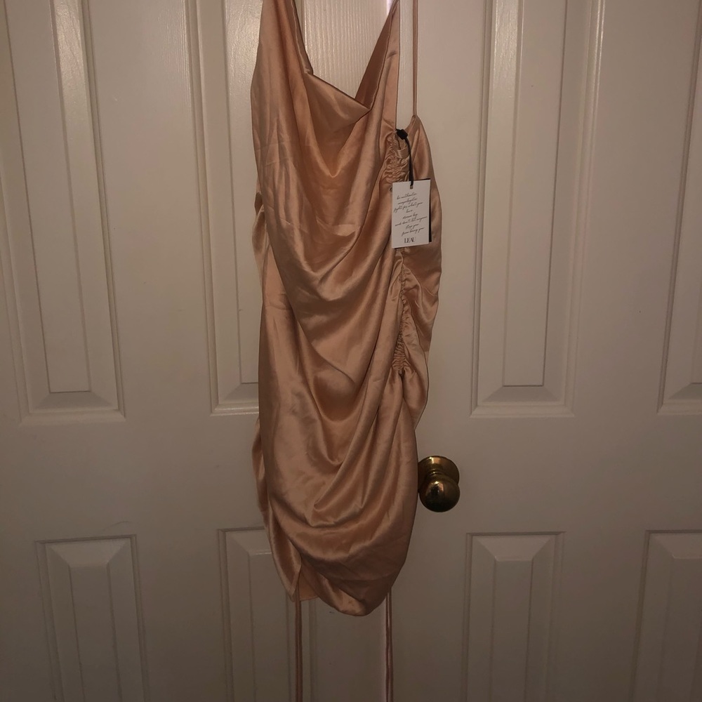 LEAU champagne ruched tie-dress